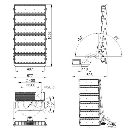 Мачтовый мощный светодиодный прожектор 1800 Вт 5700К 18 градусов
